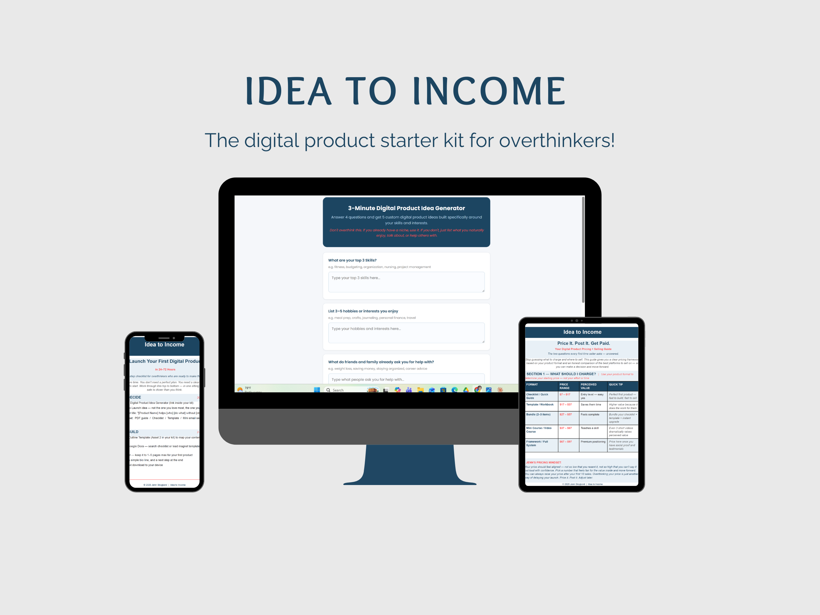 Idea to Income Kit shown on laptop, tablet, and phone